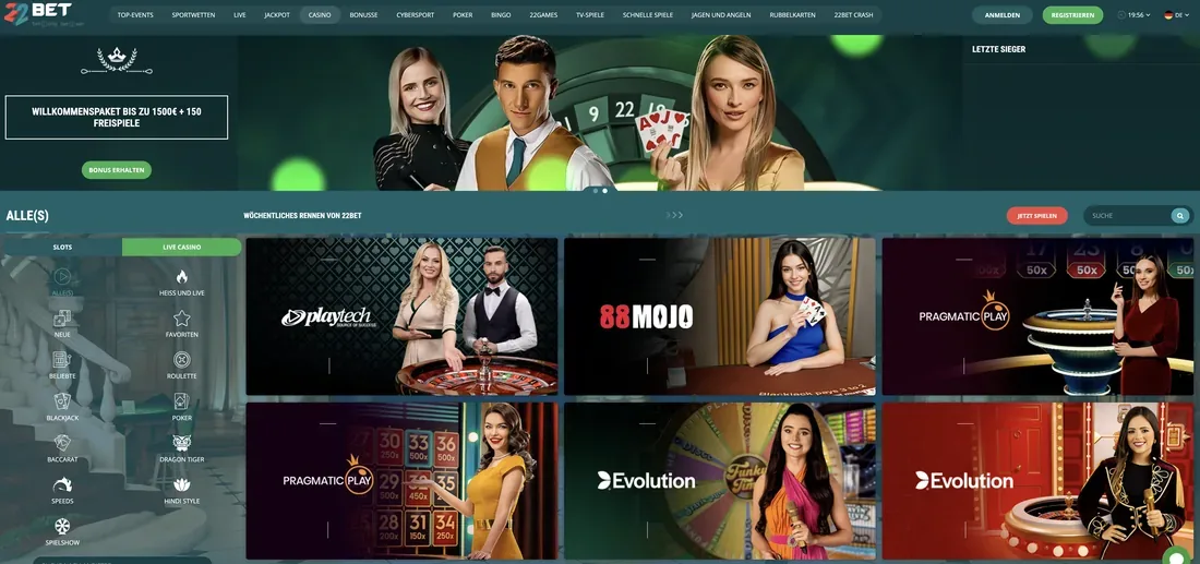 Live-Casino-Lobby im 22Bet Test